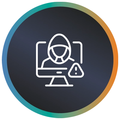 Circular logo with a cyber attacker in a screen with a warning sign and a teal-to-orange border symbolising cyber training.