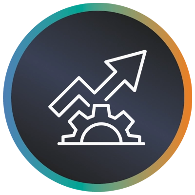 Circular logo with a cog, arrow going up and a teal-to-orange gradient border symbolising higher automation test coverage
