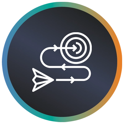 Circular logo with an arrow winding to a target and a teal-to-orange gradient border symbolising digital strategy. 