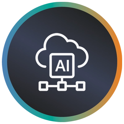 Circular logo with an AI logo and wires in the cloud and a teal-to-orange gradient border symbolising AI cloud integrations.
