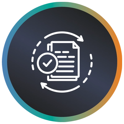 Circular logo with documents, a tick and an a teal-to-orange gradient border symbolising legacy modernisation.