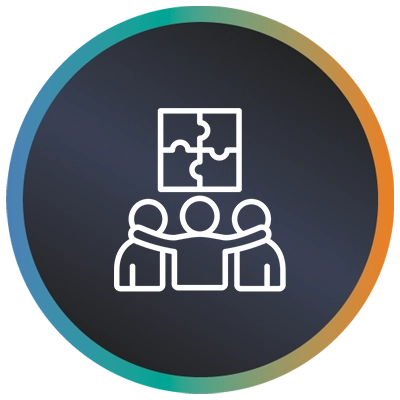 Circular logo with a three people hugging in front of a screen and a teal-to-orange border symbolising business continuity. 