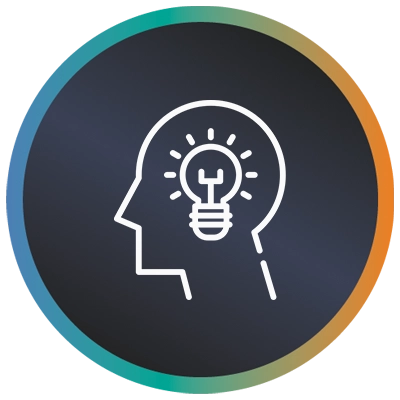 Circular logo with a lightbulb in a head and a teal-to-orange gradient border symbolising IT technical oversight.