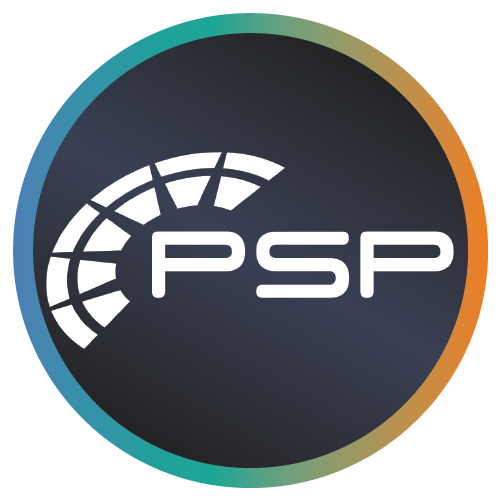 PSP Digital Transformation Consultants Logo on a dark navy background with a colourful outer circle 