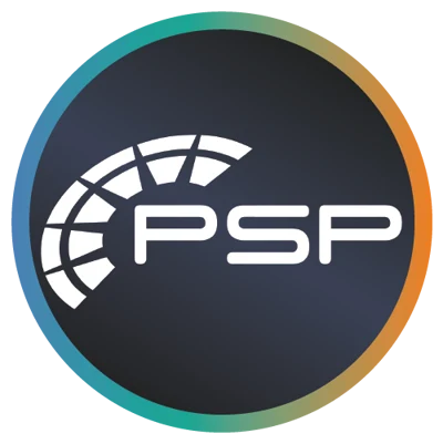 PSP Digital Transformation Consultants Logo on a dark navy background with a colourful outer circle
