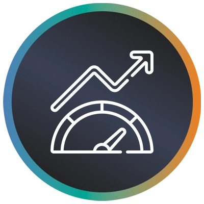 Circular logo with speedo, arrow going up and a teal-to-orange gradient border symbolising scalable automated testing.
