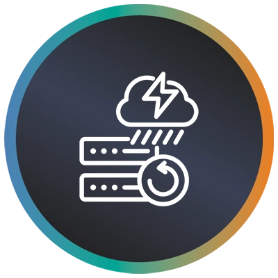 Circular logo with servers, thunder cloud, rewind logo and a teal-to-orange gradient border symbolising disaster recovery.
