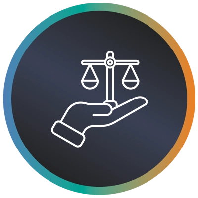 Circular logo with scales in a hand and a teal-to-orange gradient border symbolising impartial digital transformation advice.