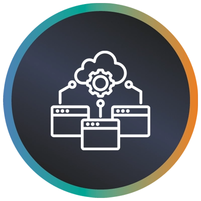 Circular logo with three servers leading to a cloud and a teal-to-orange gradient border symbolising integrated cloud systems