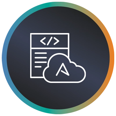 Circular logo with Azure logo in a cloud, code on a screen and a teal-to-orange gradient border symbolising Azure Migration.