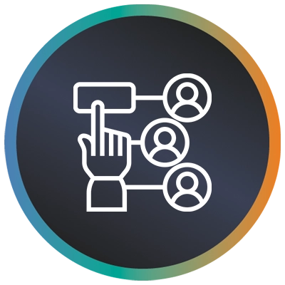 Circular logo with a hand selecting people and a teal-to-orange gradient border symbolising flexible transformation resources