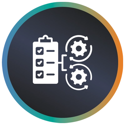 Circular logo with clip board, ticked lists and a teal-to-orange gradient border, symbolising regression testing services.