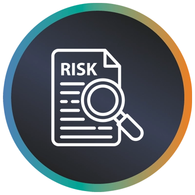 Circular logo with a magnifying class over a document and a teal-to-orange gradient border symbolising risk management.