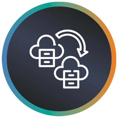 Circular logo with clouds, files, an arrow and a teal-to-orange gradient border symbolising cloud migration services.