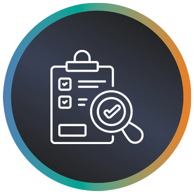 Circular logo with a tick in a magnifying glass over a document and a teal-to-orange border symbolising IT project recovery.