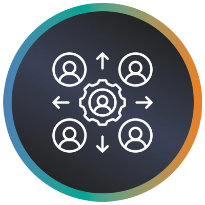 Circular logo with five people, arrows and a teal-to-orange gradient border symbolising agile digital transformation resource