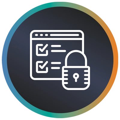 Circular logo with padlock, tick list and a teal-to-orange gradient border symbolising secure data digital transformation