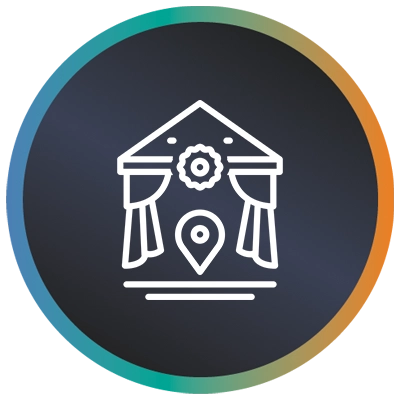 Circular logo with an arrow on school premises and a teal-to-orange gradient border symbolising ICT director on site visits.