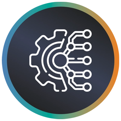 Circular logo with half gear, wires from centre and teal-to-orange gradient border, symbolising new technology.