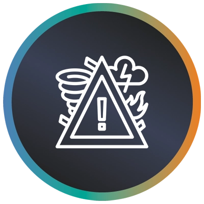 Circular logo with a warning sign, cloud and a teal-to-orange gradient border symbolising cyber security response recovery.